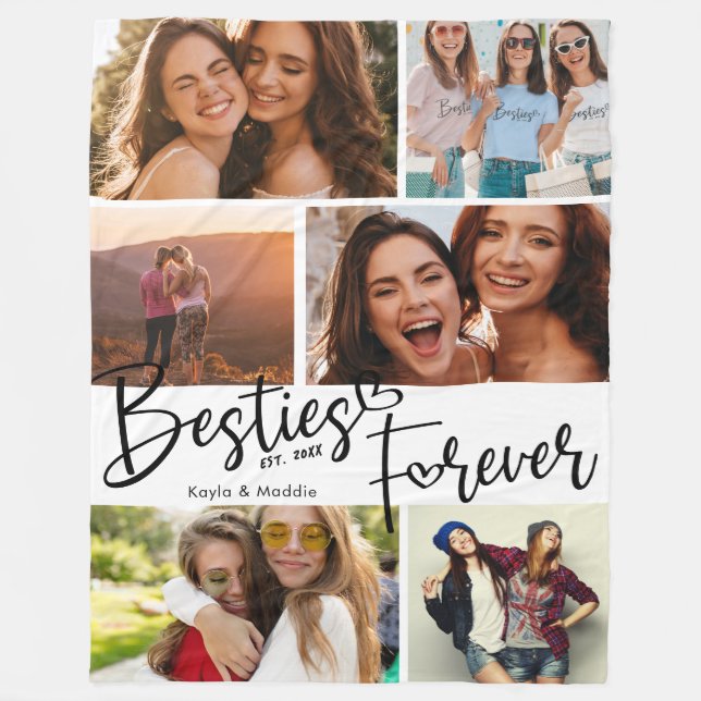 Besties Forever BFF Modern Script Photo Collage Fleece Blanket (Front)