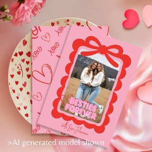 Besties Forever Pink Bow Galentine’s Photo Holiday Card