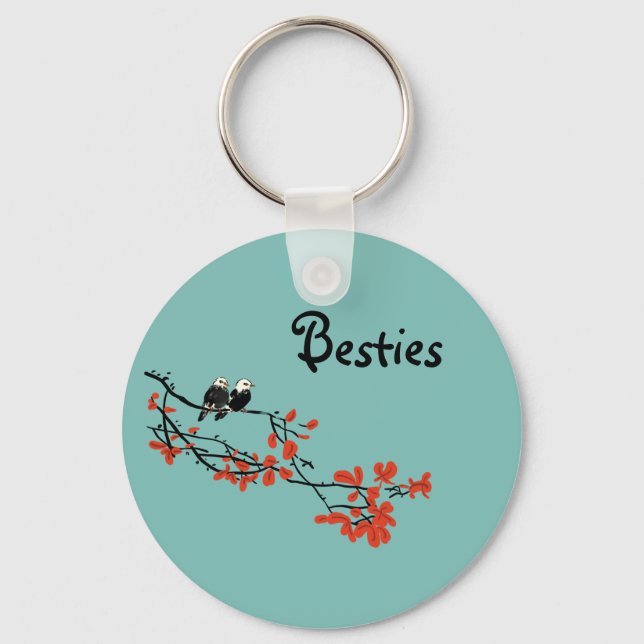 Besties Gift Two Birds Red Leaves Keychain (Front)