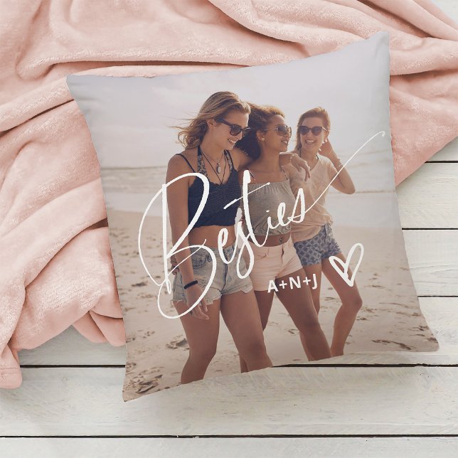 Besties in Trendy Script | Two Photos with Heart Cushion (A stylish and trendy pillow for your besties, with two photos)