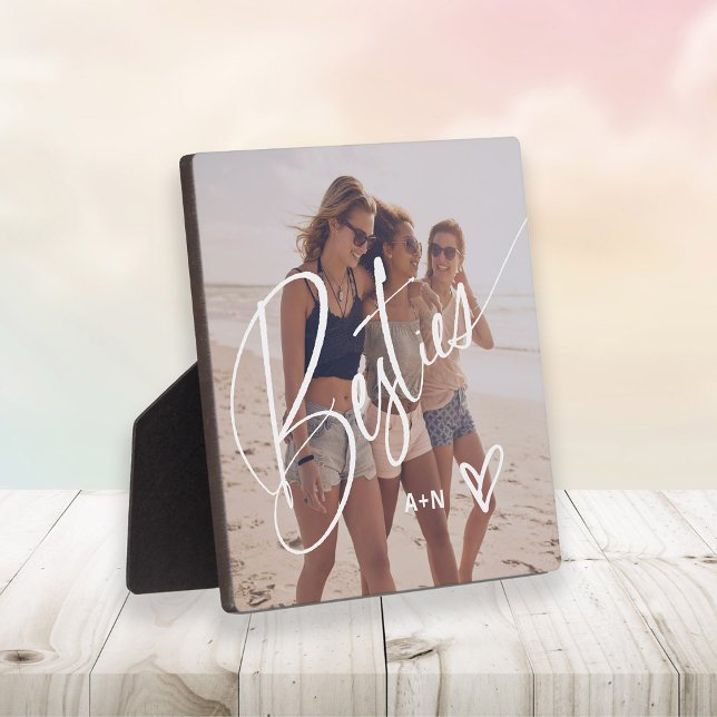 Besties in Trendy Script | Your Photo with Heart Plaque (A stylish and trendy photo plaque for your besties)
