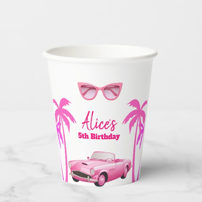 Besties Malibu Pink Doll Beach birthday Paper Cups (Front)