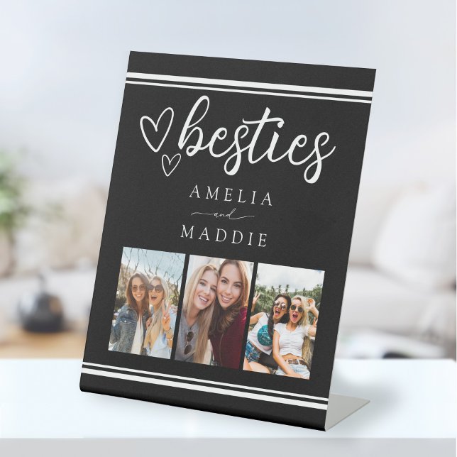 Besties Modern Photo Collage Black and White  Pedestal Sign (Besties Modern Photo Collage Black and White Pedestal Sign
)