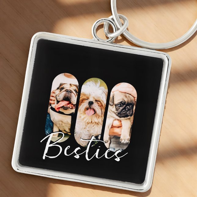 Besties Pet Simple Modern Playful Three Photo Key Ring (Creator Uploaded)