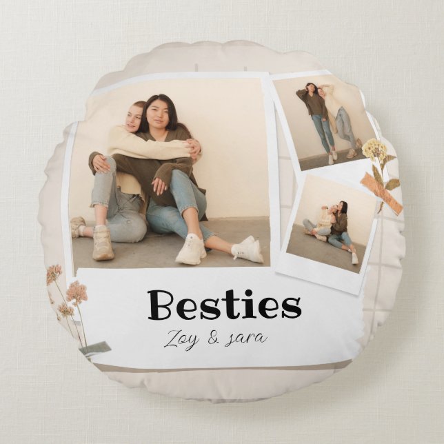 BESTIES, Photo Collage & Names | BFF  Round Cushion (Front)