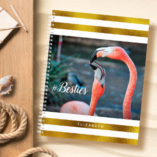 Besties Pink Flamingos Gold White Stripes Custom Notebook