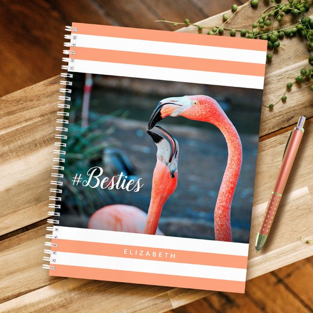 Besties Pink Flamingos Orange Stripes Custom Name Notebook (Creator Uploaded)