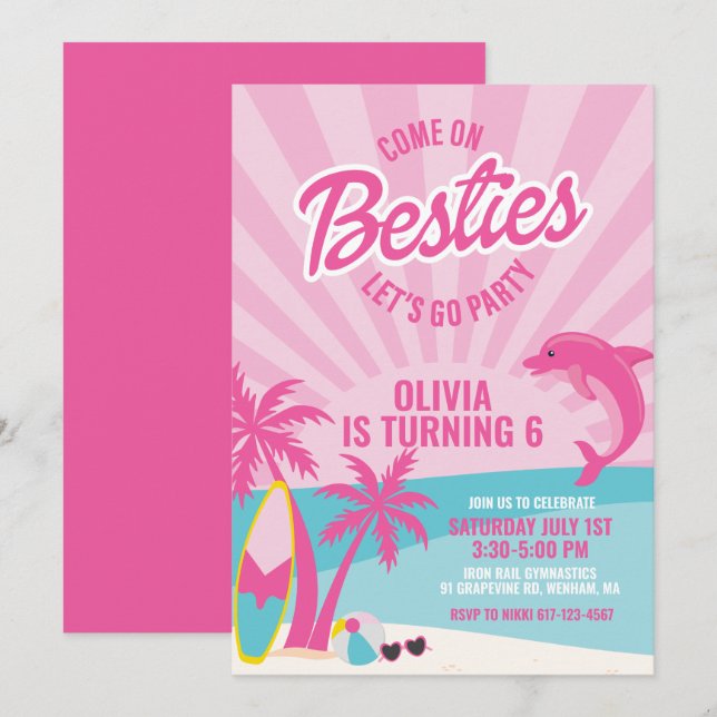 Besties pink malibu beach birthday invitation (Front/Back)