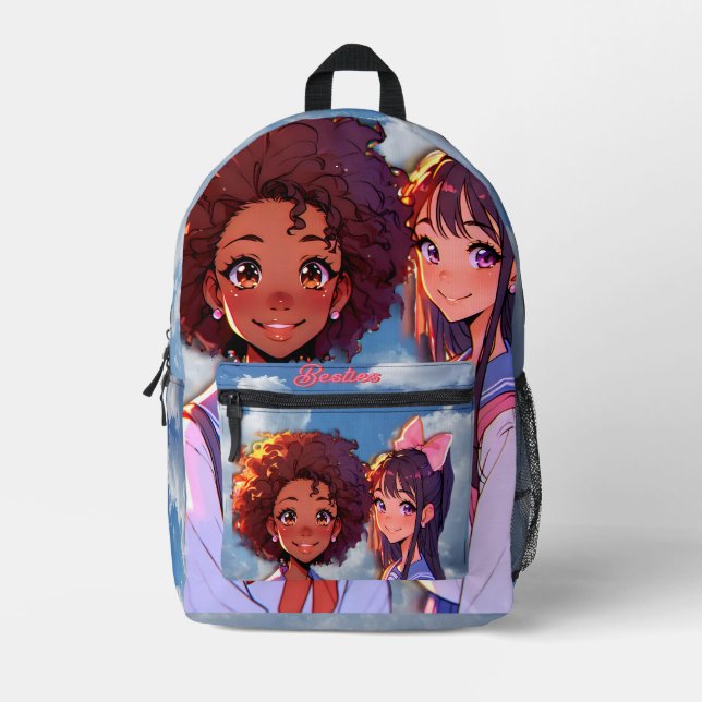 Besties Ready For First Day At School Printed Backpack (Front)