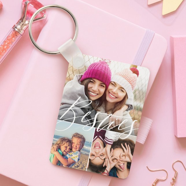 Besties Script 3 Photo Best Friends Collage BFFs Key Ring (Besties Script 3 Photo Best Friends Collage BFFs Keychain)