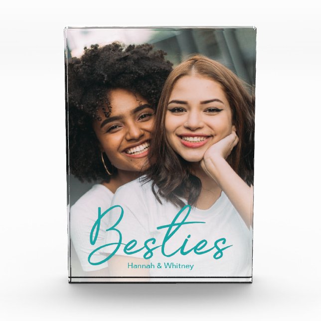 Besties Teal Script Custom Photo Block (Front)