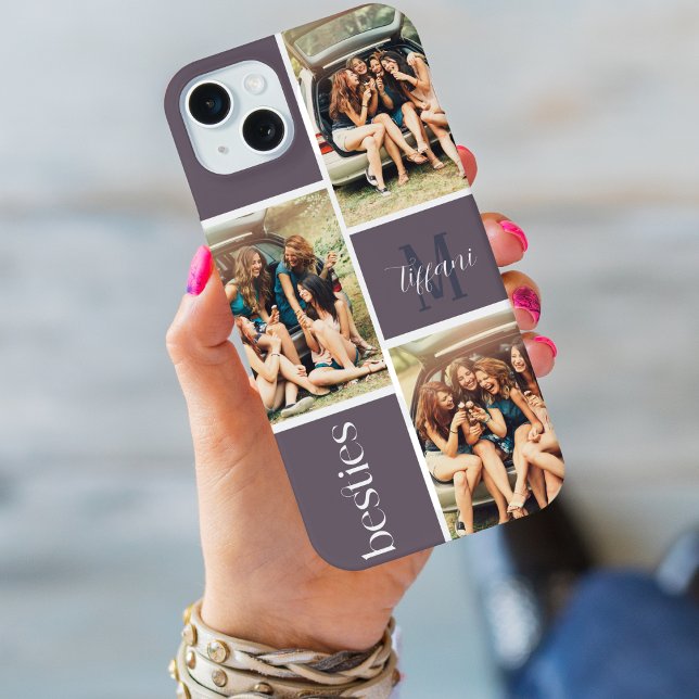 Besties Three Photo Monogram Purple Grid iPhone Case (Creator Uploaded)