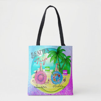 Besties trip summer beach blue personalised tote bag