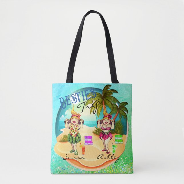 Besties trip summer beach blue personalised tote bag (Front)
