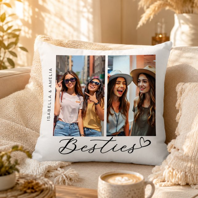 Besties Two Photos Calligraphy  Script Heart BFF Cushion (Creator Uploaded)