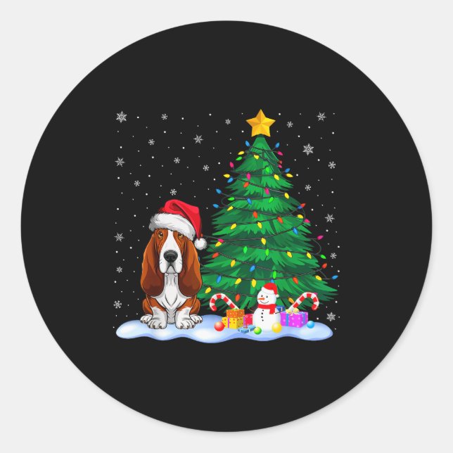 Bet Hound Dog Xmas Tree Lights Reindeer Hat Christ Classic Round Sticker (Front)