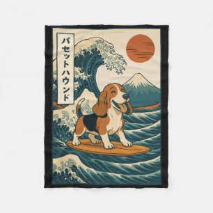 Bet Hound Surfing Japanese Wave Fleece Blanket