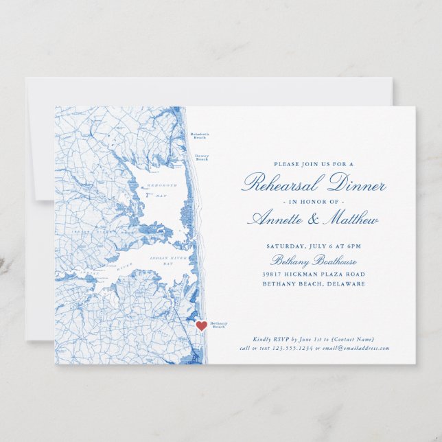 Bethany Beach DE Map Navy Blue Rehearsal Dinner Invitation (Front)