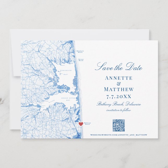 Bethany Beach DE map Photo QR code Wedding Save The Date (Front)