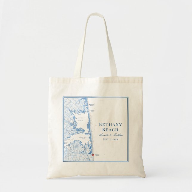 Bethany Beach Delaware Map Navy Blue Wedding Tote Bag (Front)
