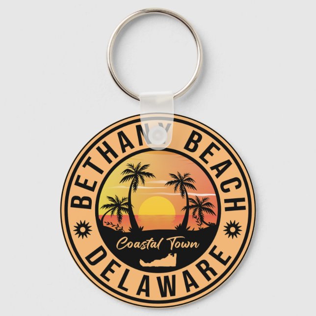 Bethany Beach Delaware Palm Trees Retro Sunset 80s Key Ring (Front)