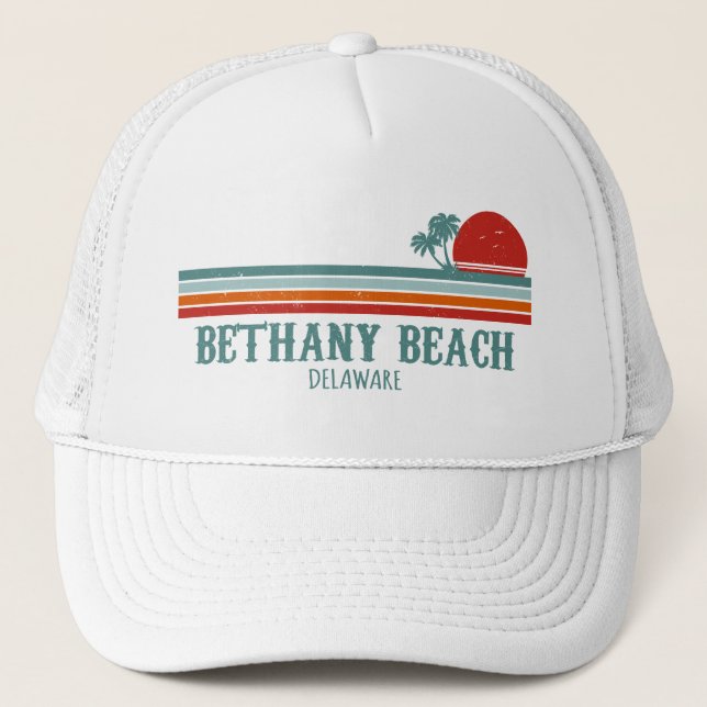 Bethany Beach Delaware Palm Trees Retro Sunset 80s Trucker Hat (Front)