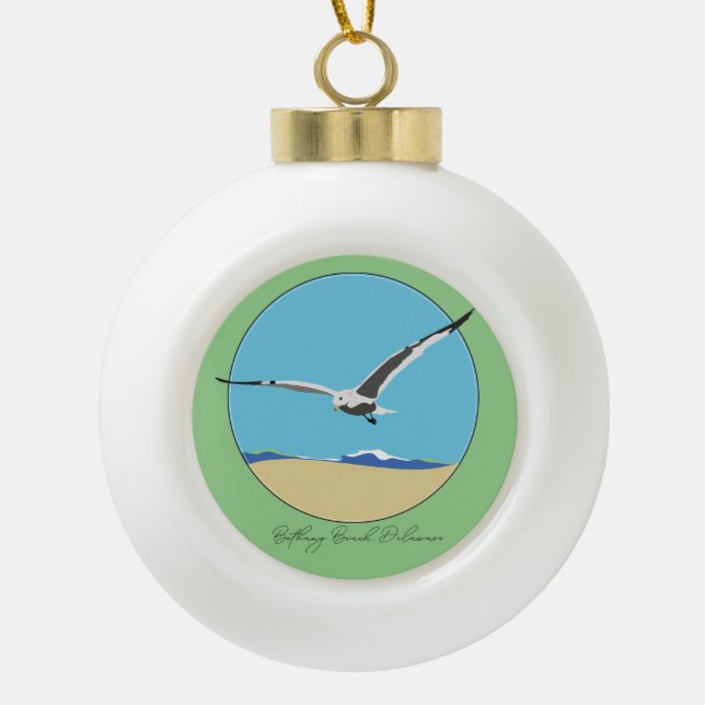 Bethany Beach, Delaware Sea Gull Flying over Beach Ceramic Ball Christmas Ornament (Front)