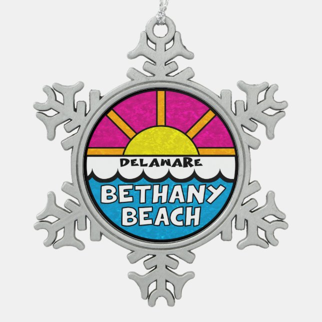 Bethany Beach Delaware Snowflake Pewter Christmas Ornament (Front)