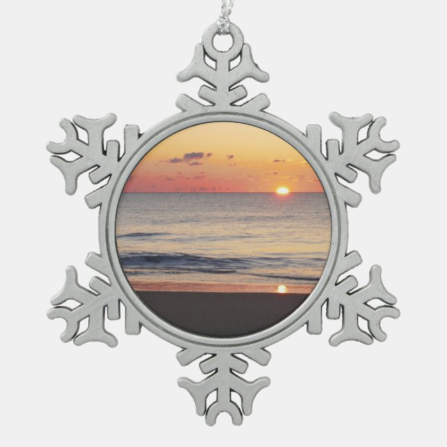 Bethany Beach Sunrise II Snowflake Pewter Christmas Ornament (Front)