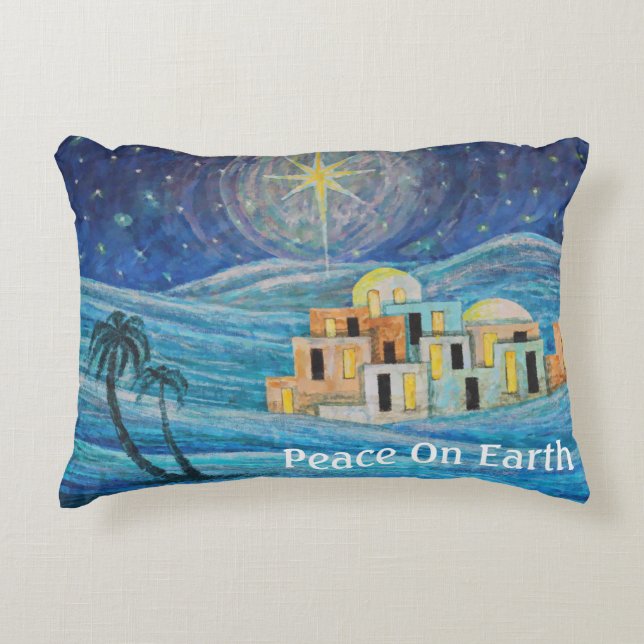 Bethlehem Star Peace On Earth Blue Pillow (Front)