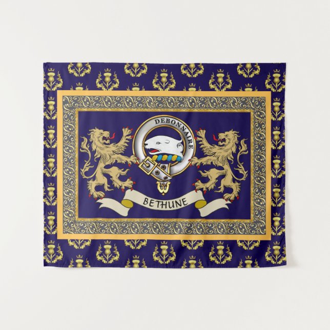 Bethune Clan Badge Personalised Blue Tapestry (Front (Horizontal))