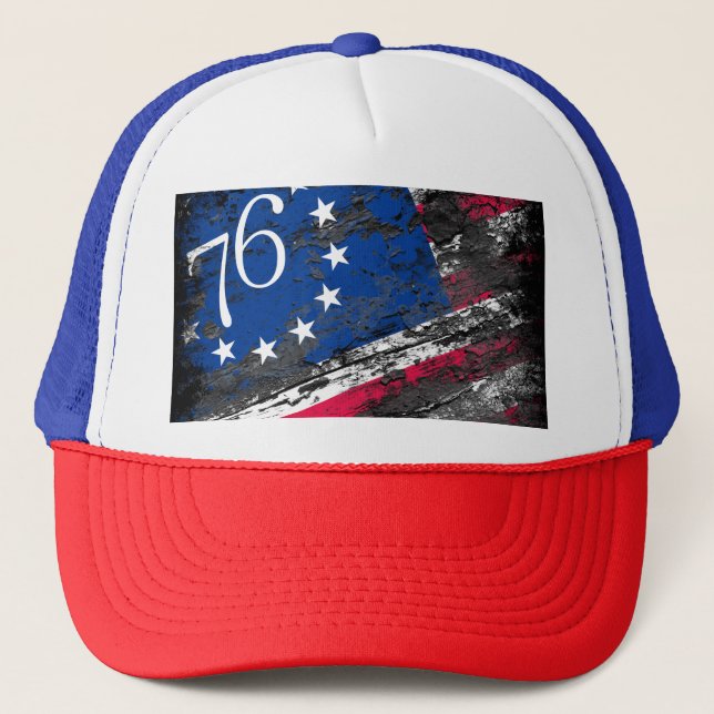 Betsy Ross Flag 1776 Patriotic 4th of July Trucker Hat (Front)