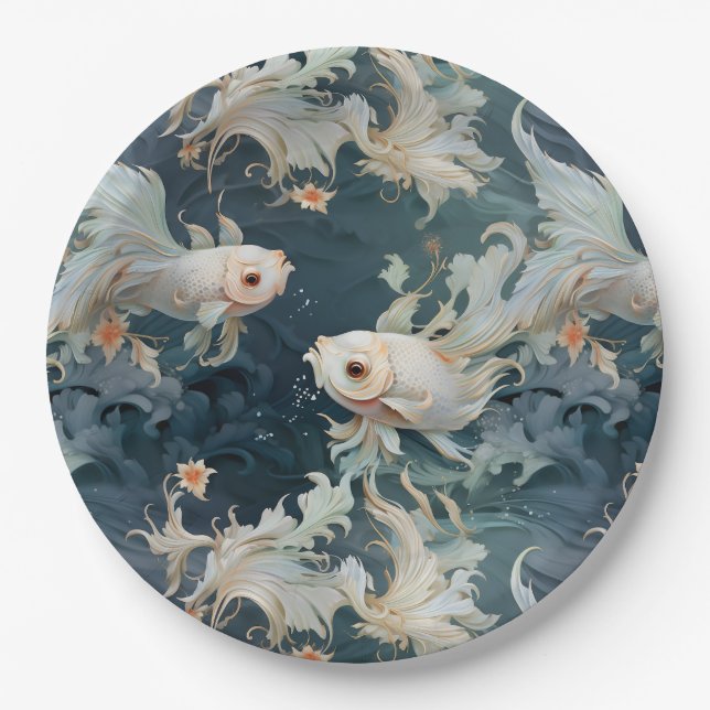 Betta Fish Blue White Paper Plate (Front)