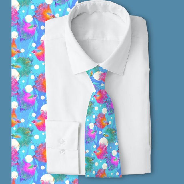 Betta Fish Bubbles  Tie (Bright Betta fish swimming pattern. Ocean and aquarium enthusiasts )