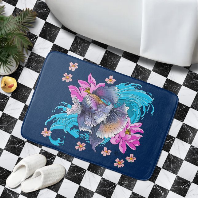  Betta Siamese Fighting Fish Lotus Waves Blue Bath Mat (Creator Uploaded)