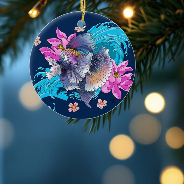  Betta Siamese Fighting Fish Lotus Waves Blue Ceramic Tree Decoration (Creator Uploaded)