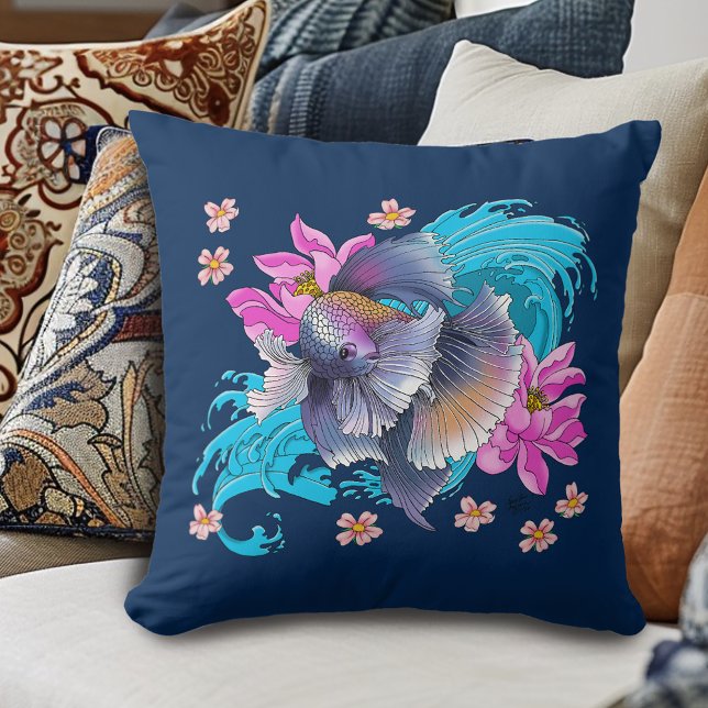 Betta Siamese Fighting Fish Lotus Waves Blue Cushion (Creator Uploaded)