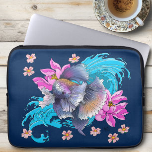  Betta Siamese Fighting Fish Lotus Waves Blue Laptop Sleeve