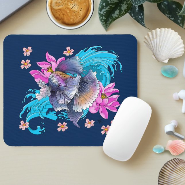  Betta Siamese Fighting Fish Lotus Waves Blue Mouse Mat (Creator Uploaded)