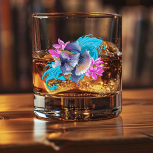 Betta Siamese Fighting Fish Lotus Waves Blue Whiskey Glass