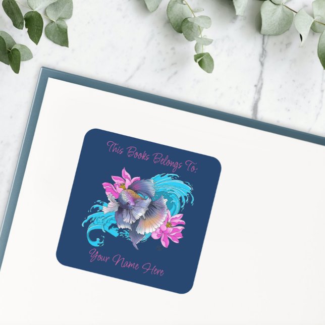 Betta Siamese Fighting Fish Lotus Waves Bookplate Square Sticker (Creator Uploaded)