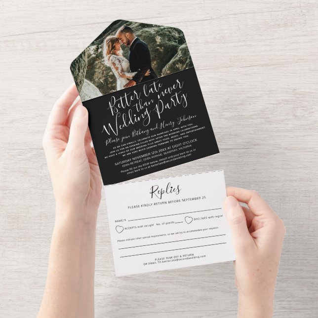 Better late wedding party RSVP photo black white All In One Invitation (Tearaway)