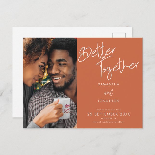 Better Together Photo Terracotta Save The Date Announcement Postcard (Front/Back)