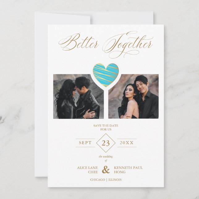 Better Together Quote Aquamarine Heart 2 Photos Save The Date (Front)