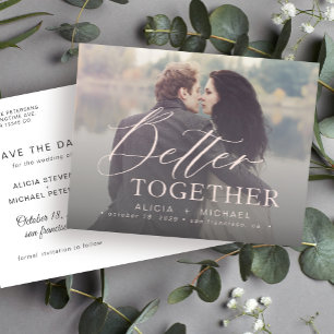 Better together script wedding photo save the date announcement postcard