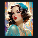 Betty A Lovely Art Deco Woman Poster<br><div class="desc">Betty is a beautiful Art Deco flapper with mid length curled brown hair. She wears a cloche satin turquoise hat. Her features are lovely, her eyes are turquoise highlighted with lilac, colours on her cheeks and apple red lips. Her jewellery is turquoise and crystal rhinestone in a geometric diamond shape....</div>