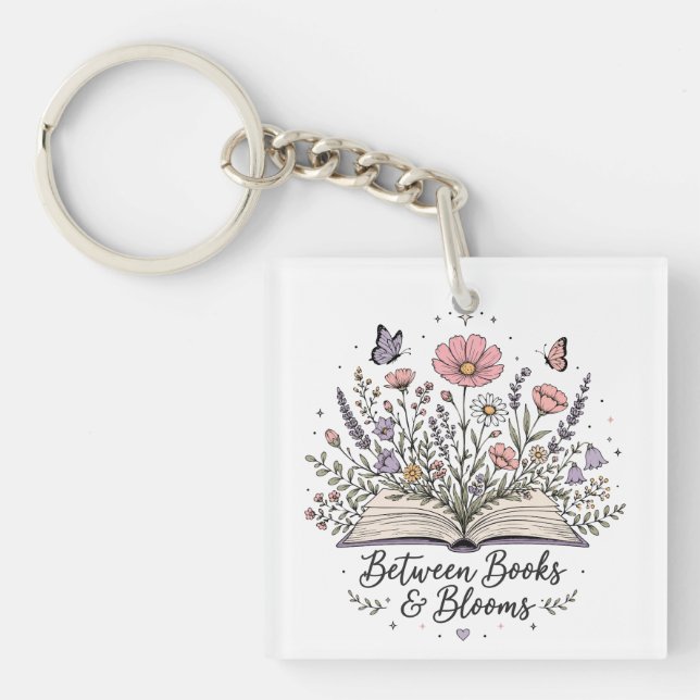 Between books and blooms book lover reader key ring (Front)