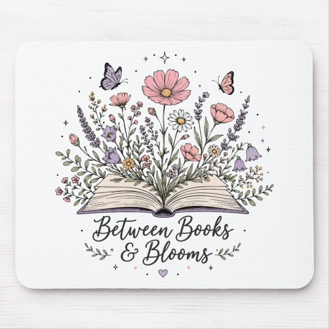 Between books and blooms book lover reader mouse mat (Front)