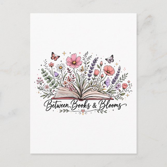 Between books and blooms book lover reader postcard (Front)