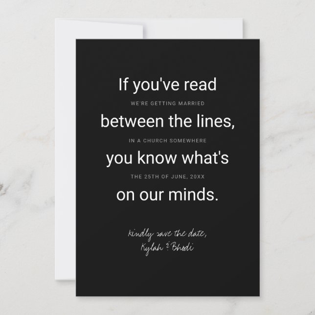 Between the Lines Typography Save the Date card (Front)